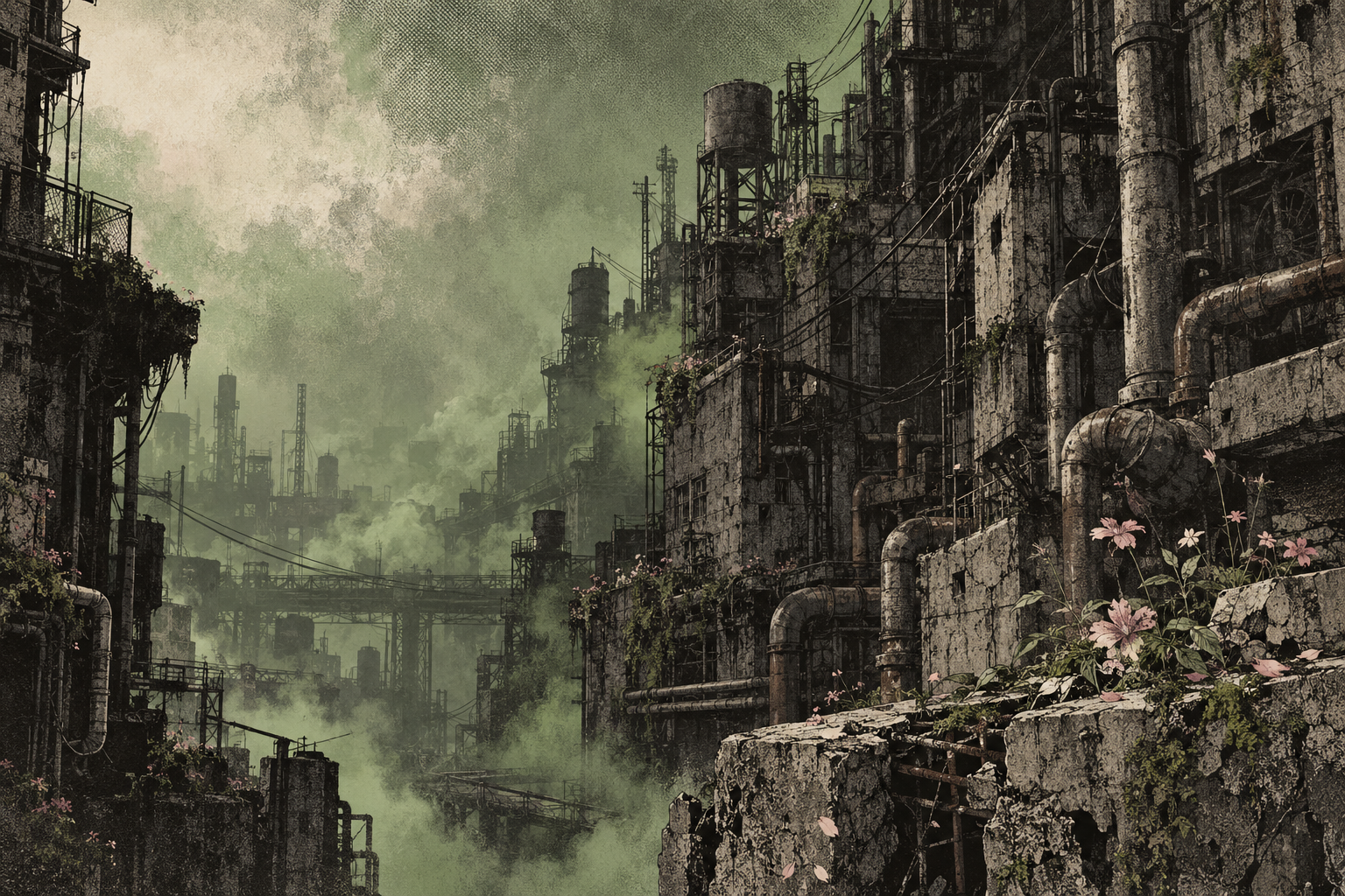 Ilustração de uma viela industrial com tubulações, névoa verde e textura de mangá